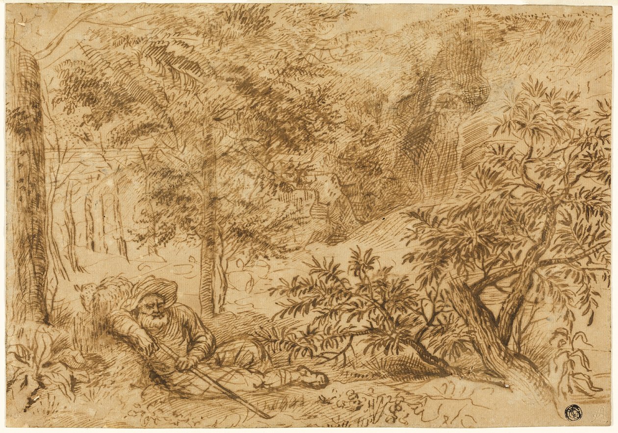 Landskab med hyrde, der sover under et træ af Jan Lievens