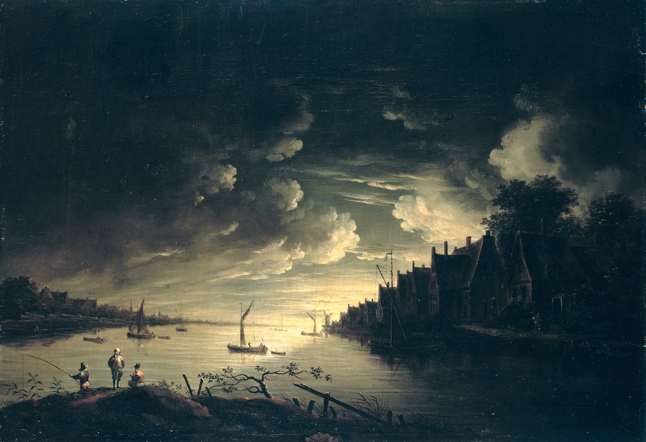 Flodlandskab ved måneskin, af Jan Ludewick de Wouters