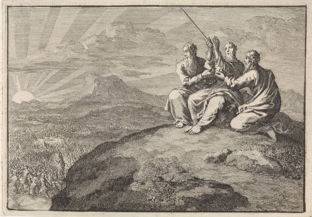 Aarón og Hur støttede Moses’ hænder under det israelske folks kamp mod amalekitterne af Jan Luyken