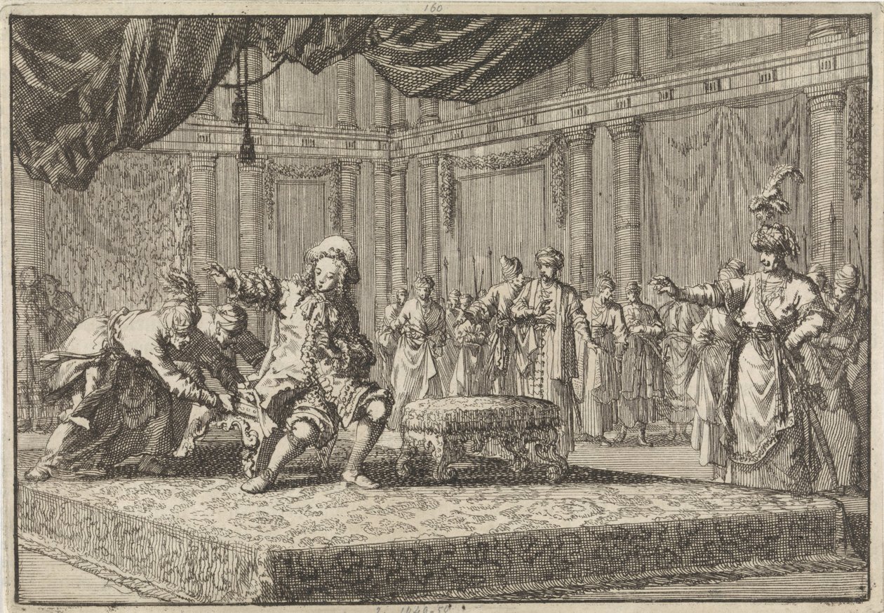 Sædet, han havde placeret ved siden af ​​sædet for storvesiren, er frataget den franske udsending i Konstantinopel, 1677 af Jan Luyken