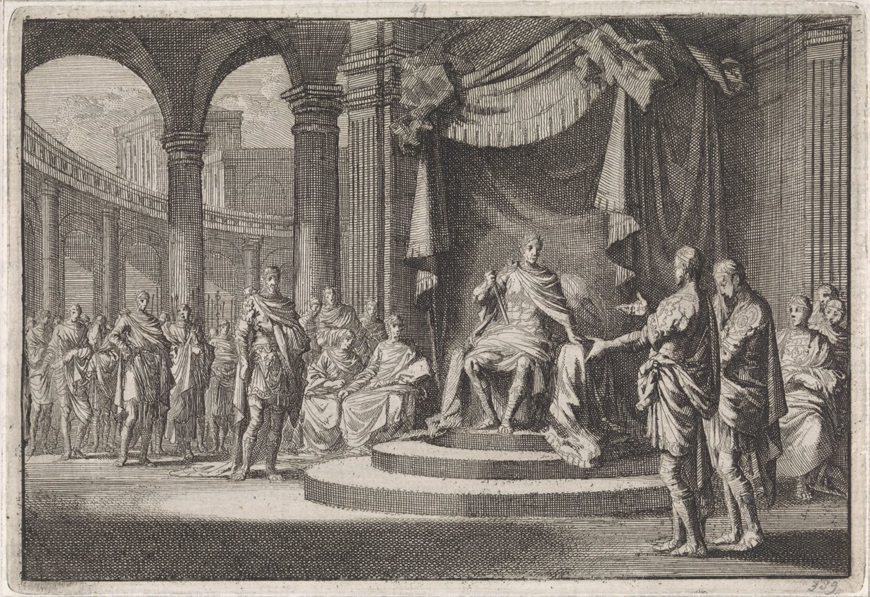 Alexander og Aristobulos forsvarer sig over for kejser Augustus af Jan Luyken