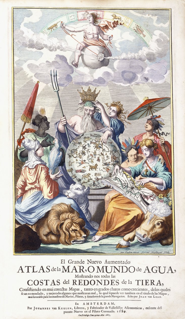 Allegorisk titelblad fra "The Great New Augmented Atlas of the Sea, 1680 af Jan Luyken