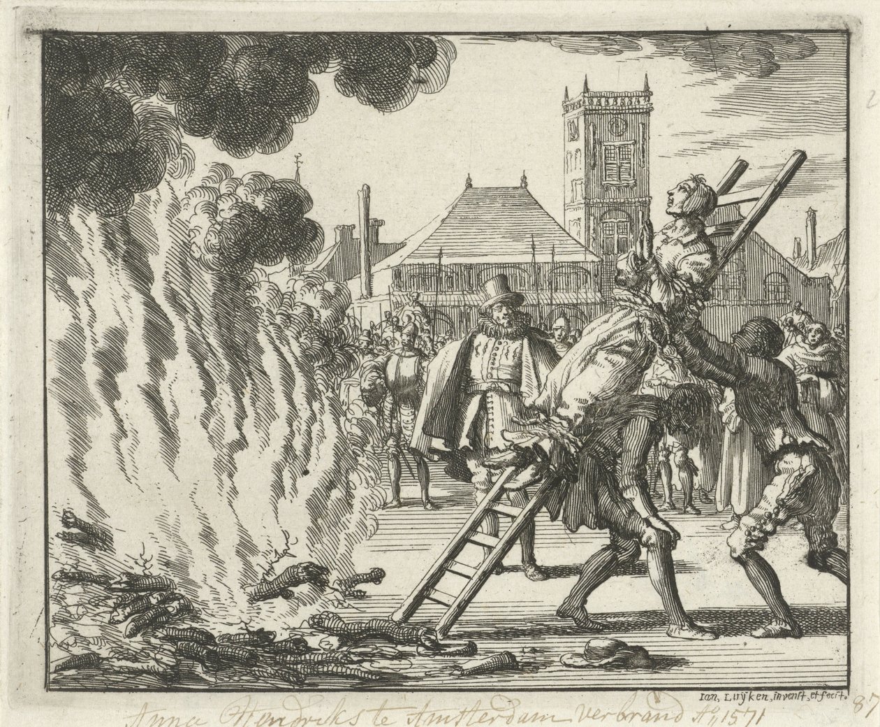 Anneken Hendriks, bundet på en stige, brændt i Amsterdam, 1571, 1685 af Jan Luyken