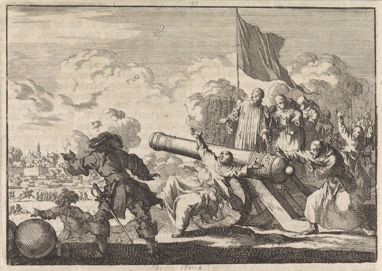 Belejring af Groningen, hvor en kanon velsignes af seks munke, 1672 af Jan Luyken