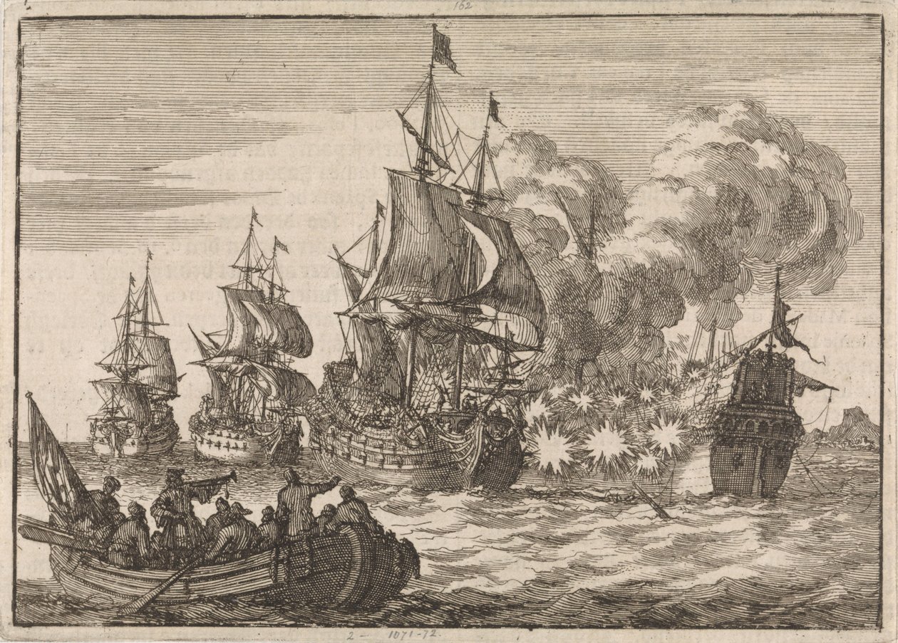 I Valencia bliver den spanske admiral Papachino angrebet af tre franske skibe under admiral Tourville for ikke at hilse hurtigt nok, 1688 af Jan Luyken