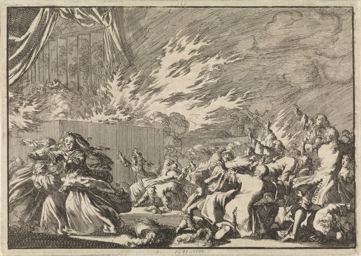 Brand i et træskur, hvor en teaterforestilling finder sted ved siden af ​​Amelienborg Slot i København, 1689 af Jan Luyken