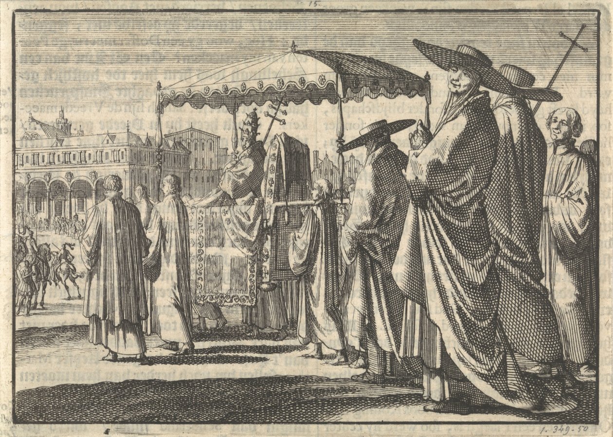 Christian IV, konge af Danmark, klædt som pave, efterligner en procession med sine hofmænd, 1596 af Jan Luyken