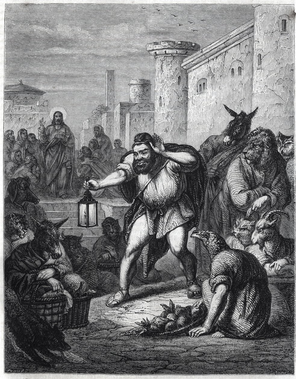 Esop og Kristus: Den græske forfatter Esop (Esop eller Esopus, 6. århundrede f.Kr.) krydser med en lanterne i hånden en tur mellem karakterer med dyrehoveder på jagt efter "en mand". Bag ham ser vi Jesus Kristus. Illustration inspireret af fablen "Esope a  af Jan Luyken