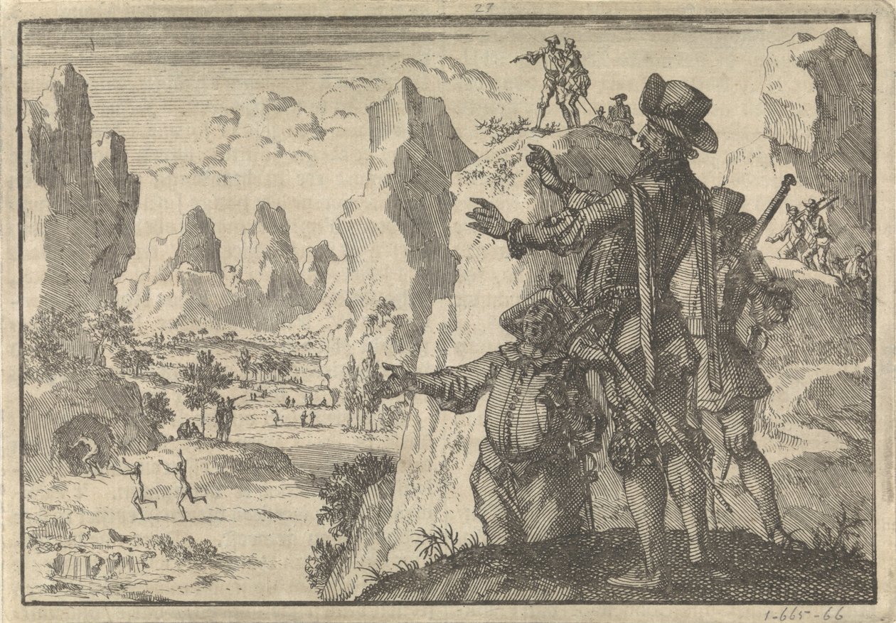 Bevæbnede spaniere ser ned på helt vilde mennesker fra klipper, ca. 1600 af Jan Luyken