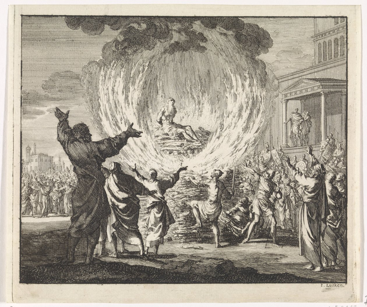 H. Polycarp sættes på et bål, men flammerne brænder ham ikke af Jan Luyken