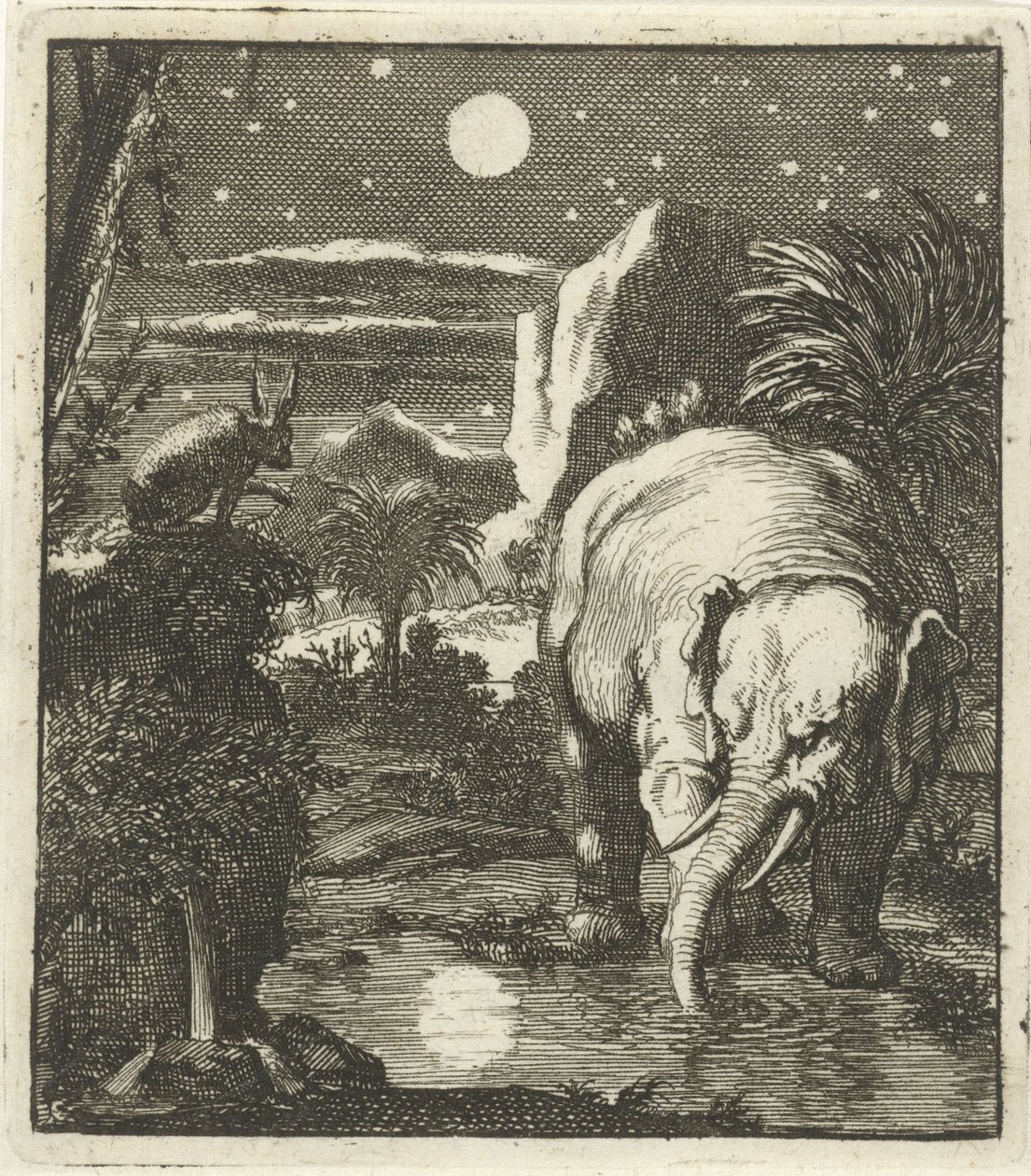 Hare og elefant med fuldmåne ved en vandkilde af Jan Luyken