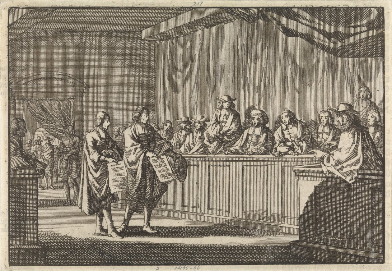 De reformerte præster Gilly og Courdil læste en erklæring på synoden i Sorges om, at de ville konvertere til den katolske kirke, den 3. juni 1683 af Jan Luyken