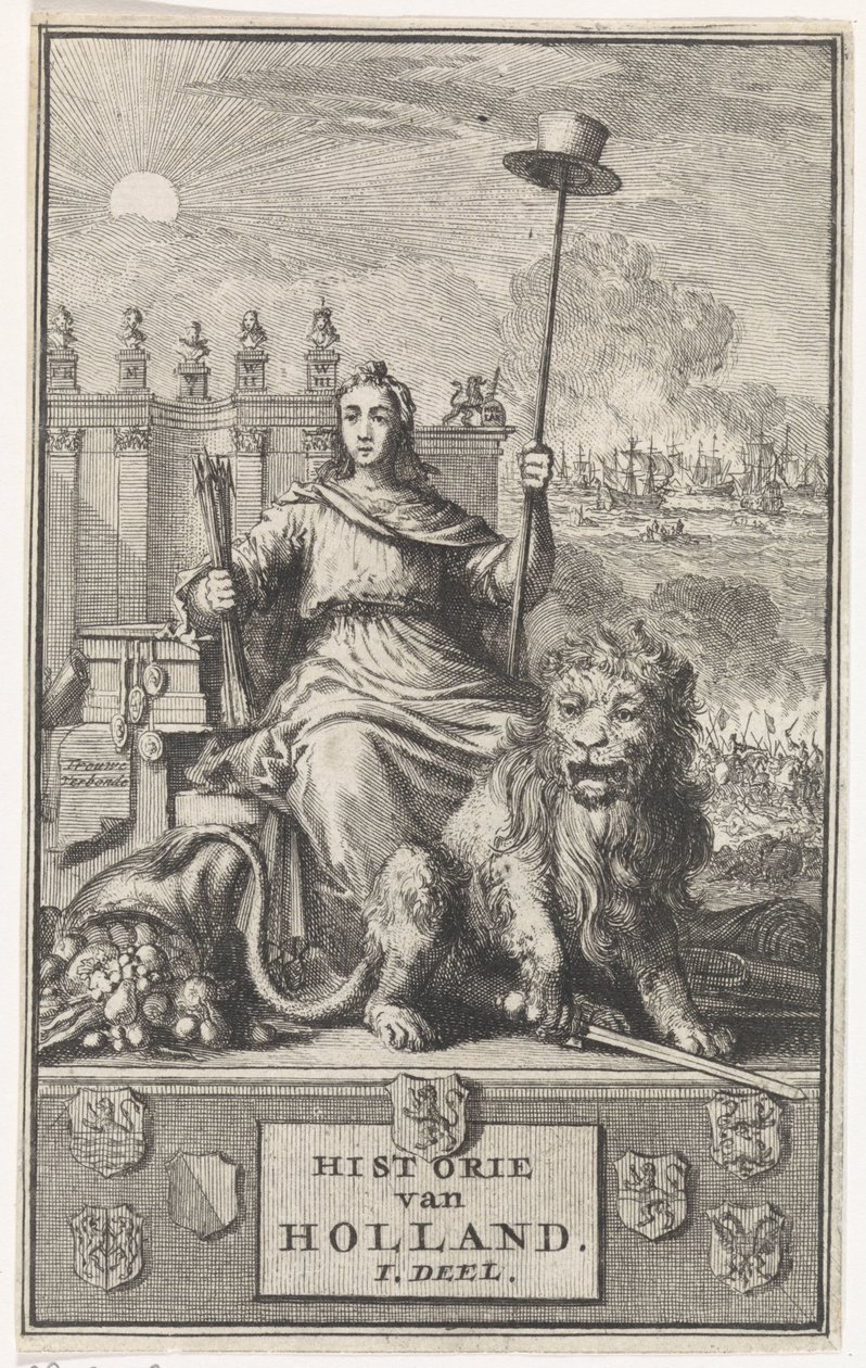 hollandsk jomfru Titelside for: F. de la Neuville, Hollands historie bd. I, 1704 af Jan Luyken