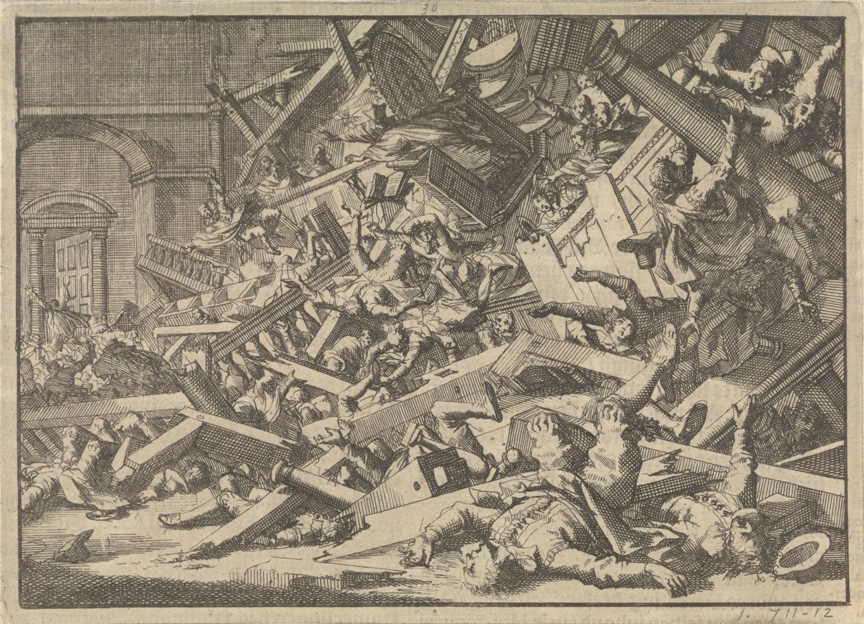 Kollapset galleri under en katolsk gudstjeneste i den spanske udsendings hus i London, 1623 af Jan Luyken