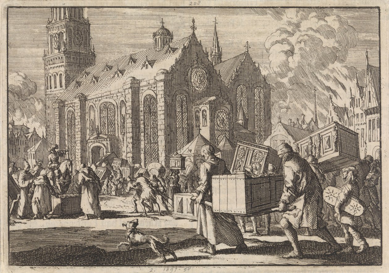Indbyggere i Spires bringer i god tro deres møbler til katedralen, hvor de efterfølgende bliver brændt af den franske general Monclar, 1689 af Jan Luyken
