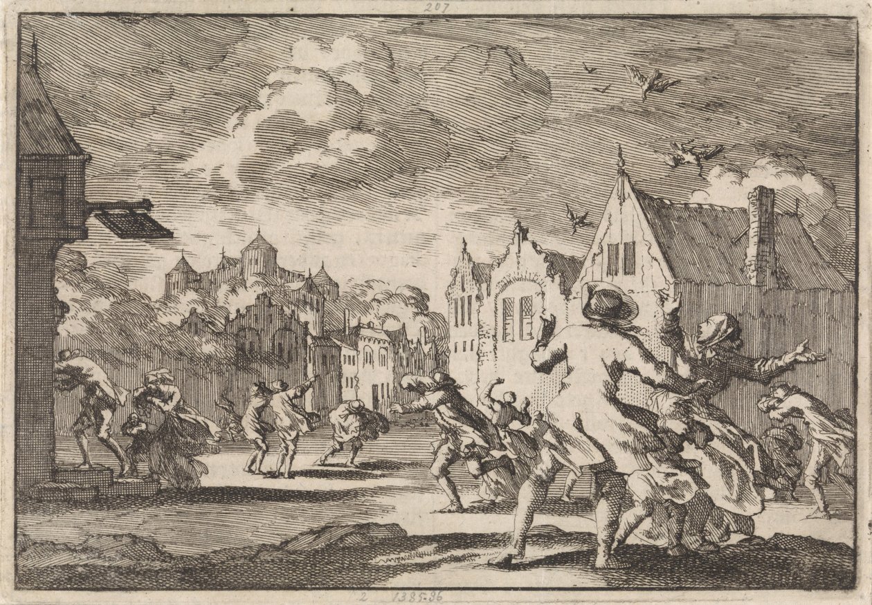 Indbyggere i en landsby nær Luchow Slot i Lüneburg bliver overhalet af en hvirvelvind, der får fuglene til at falde døde ned fra himlen, 1671 af Jan Luyken