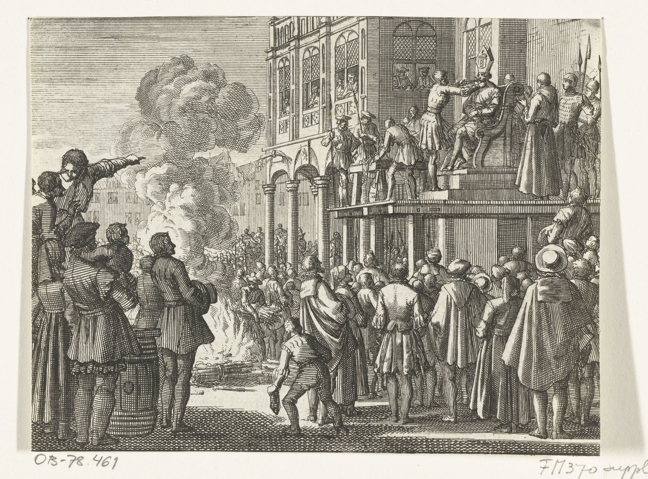 Jacob van Campen med bispehue på hovedet på skafottet i Amsterdam, 1535 af Jan Luyken