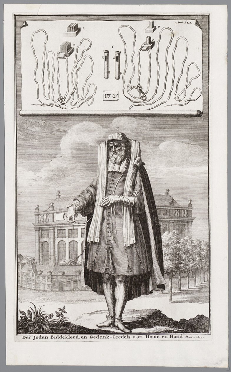 Jødisk mand, klædt på til bøn. I baggrunden den portugisiske synagoge i Amsterdam af Jan Luyken