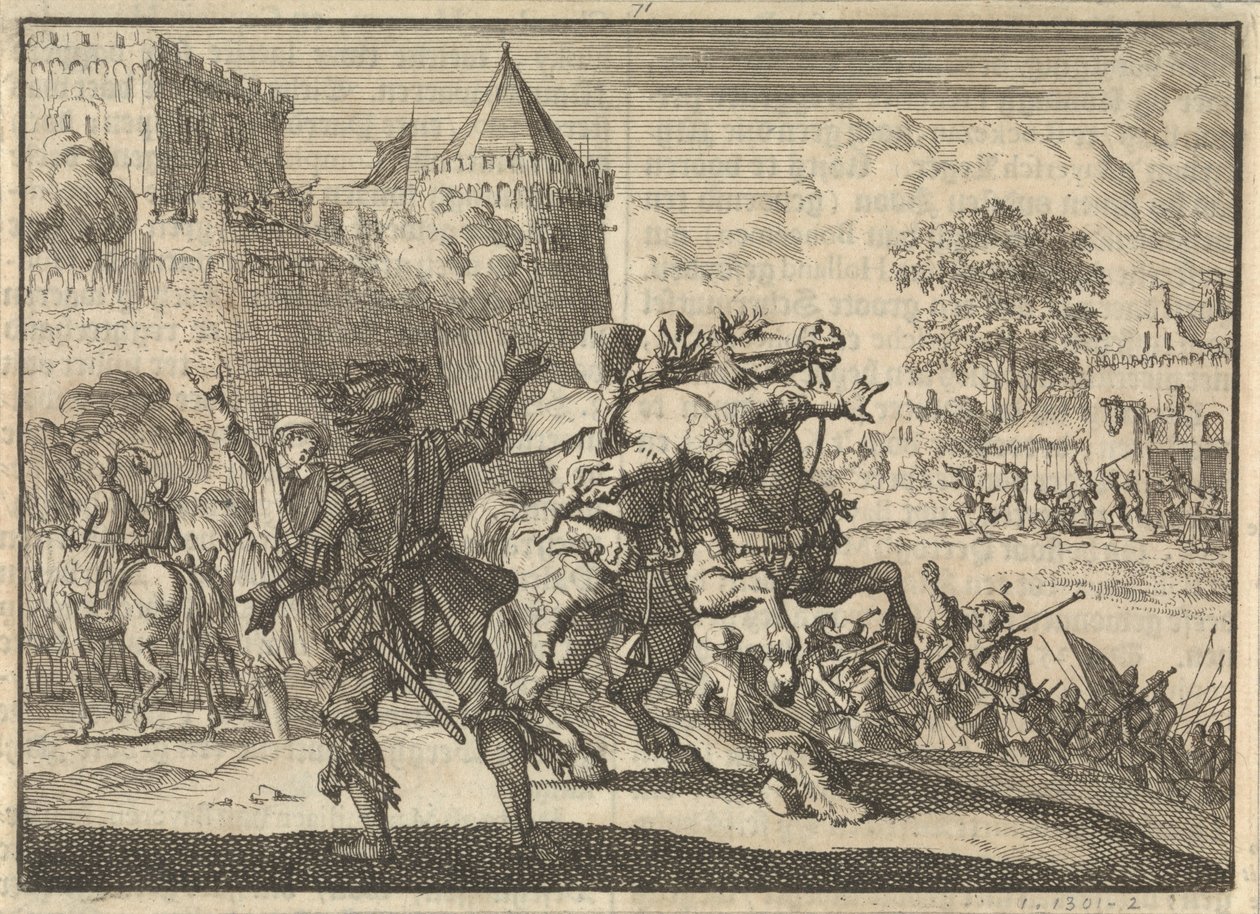 Den kejserlige kommandør Dampier falder fra sin hest efter et skud fra murene i Presburg (Bratislava), 1620 af Jan Luyken