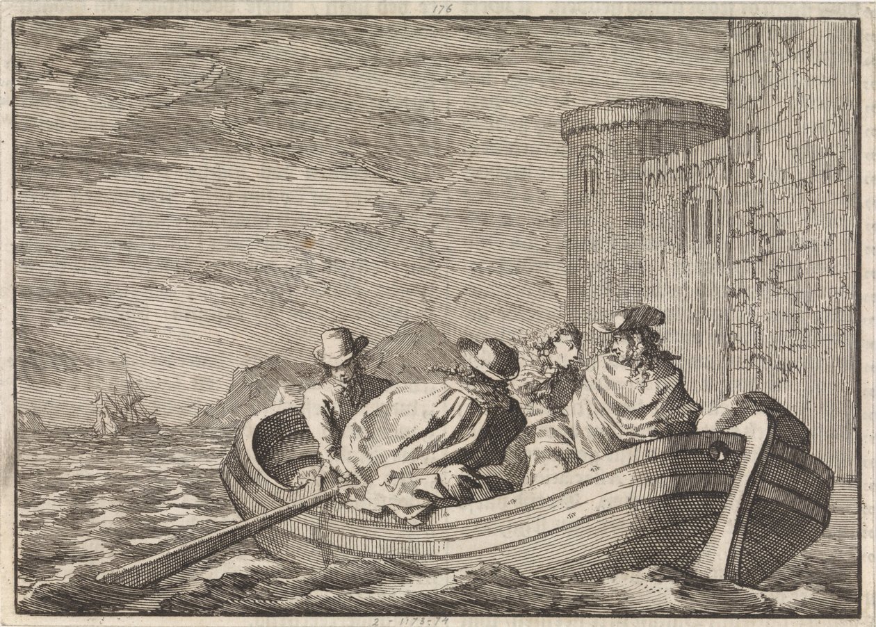King James II flygter om natten i en robåd, 1688 af Jan Luyken