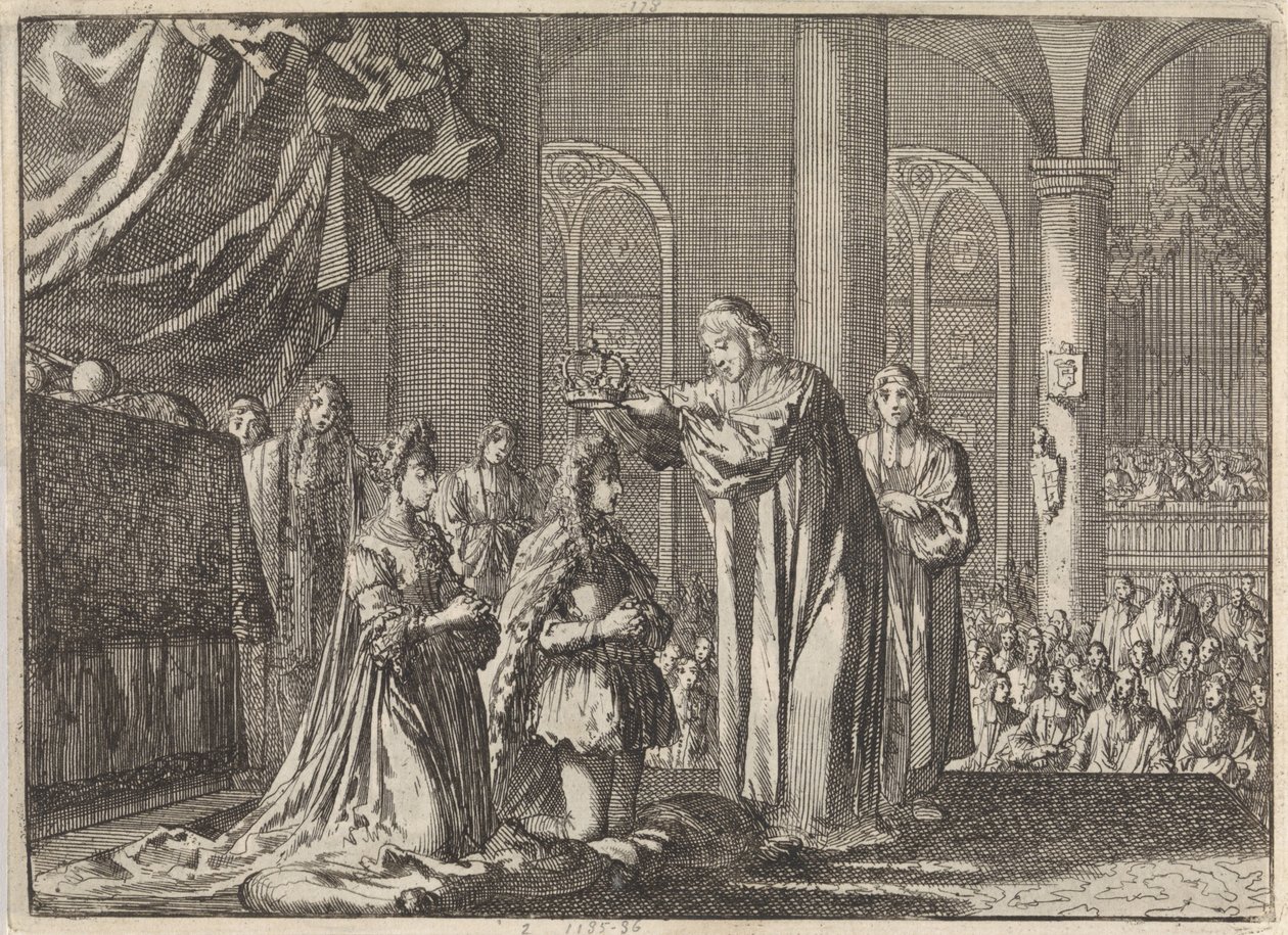 Kroning af William III og Mary II Stuart af ærkebiskoppen af ​​Canterbury, 1689 af Jan Luyken