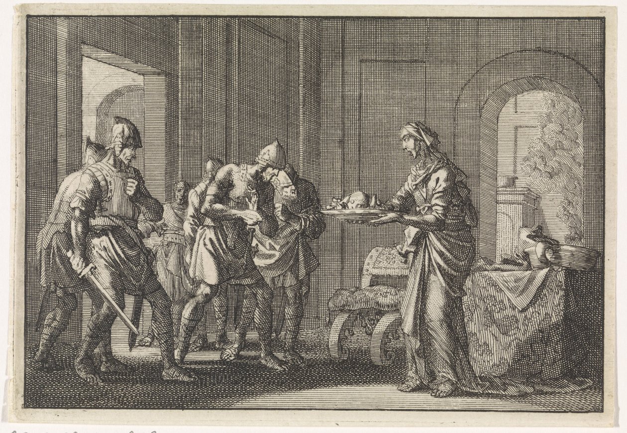 Mor viser krigere resterne af sit spiste barn under hungersnøden i Jerusalem, 1704. af Jan Luyken