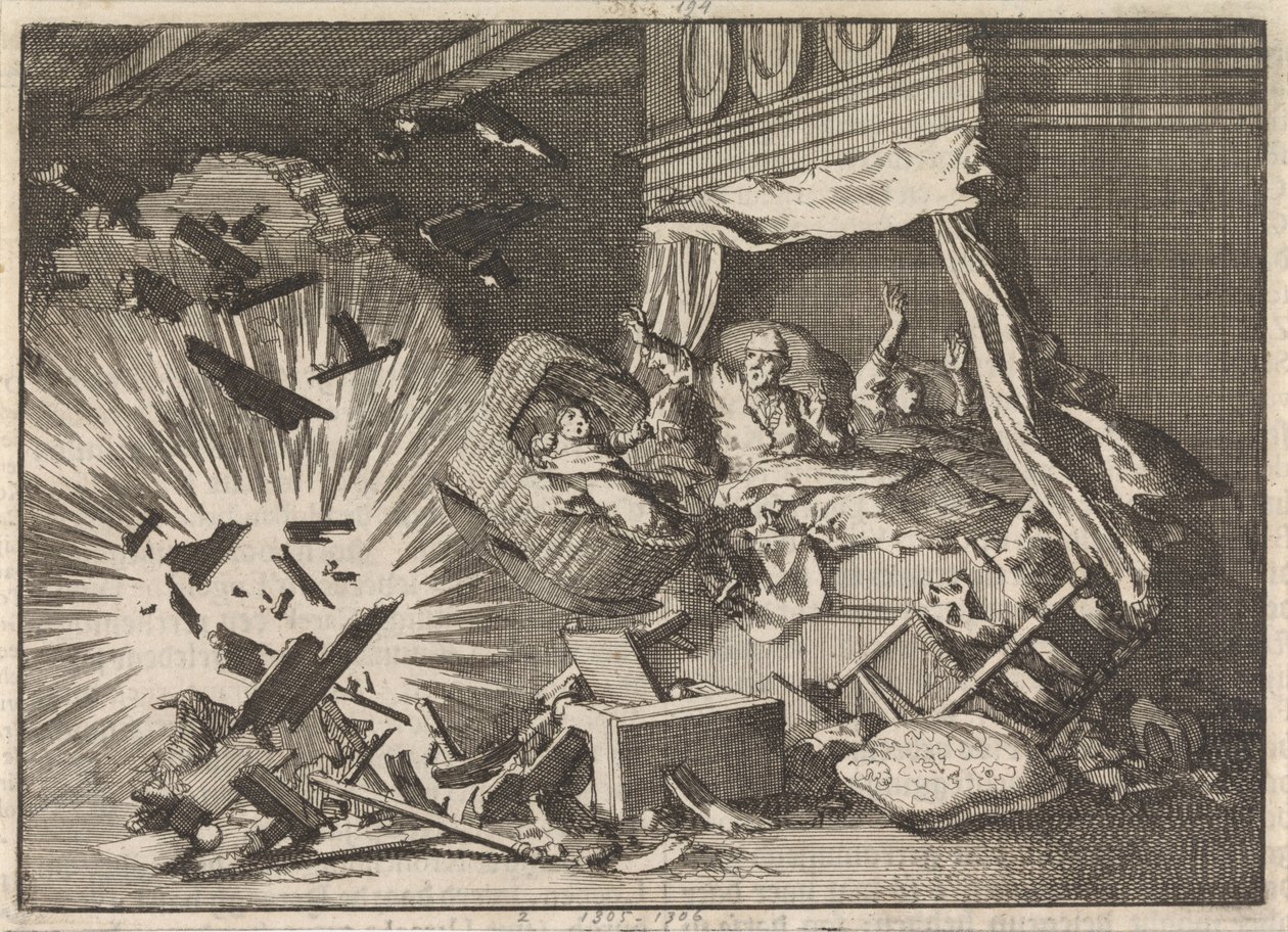 Eksplosion af en bombe i et hus på Ebbingestraat i Groningen, 1672 af Jan Luyken