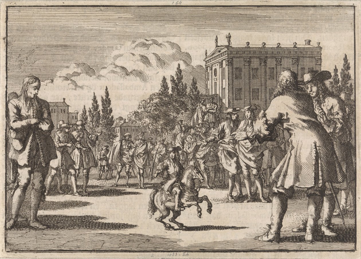 På en plads i Madrid har en menneskemængde samlet sig omkring Louisillo, dværgen af ​​den spanske konge, 1675 af Jan Luyken
