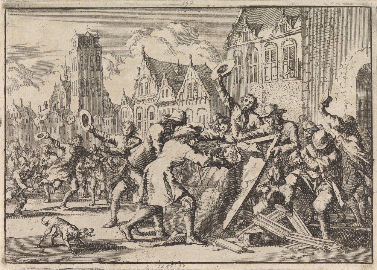 Optøjer i Dordrecht, hvor et billede af Cornelis de Witt bliver ødelagt af folket, 1672 af Jan Luyken