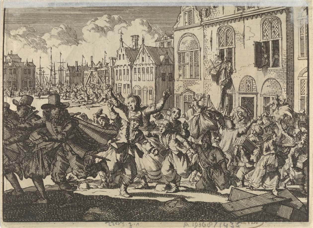 Oprør i Enkhuizen, hvor viceadmiralernes huse Kwast og Turk bliver ødelagt, 1635 af Jan Luyken