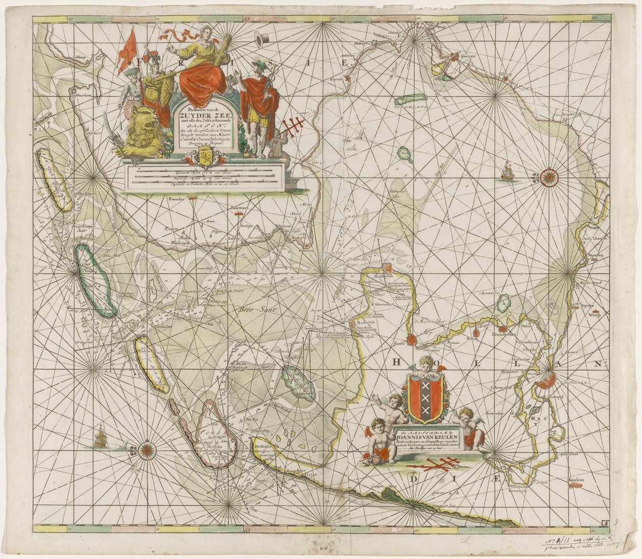 Kort over Zuiderzee og Waddenzee Paskaarte of the Zuyder Zee (titel på objekt) af Jan Luyken