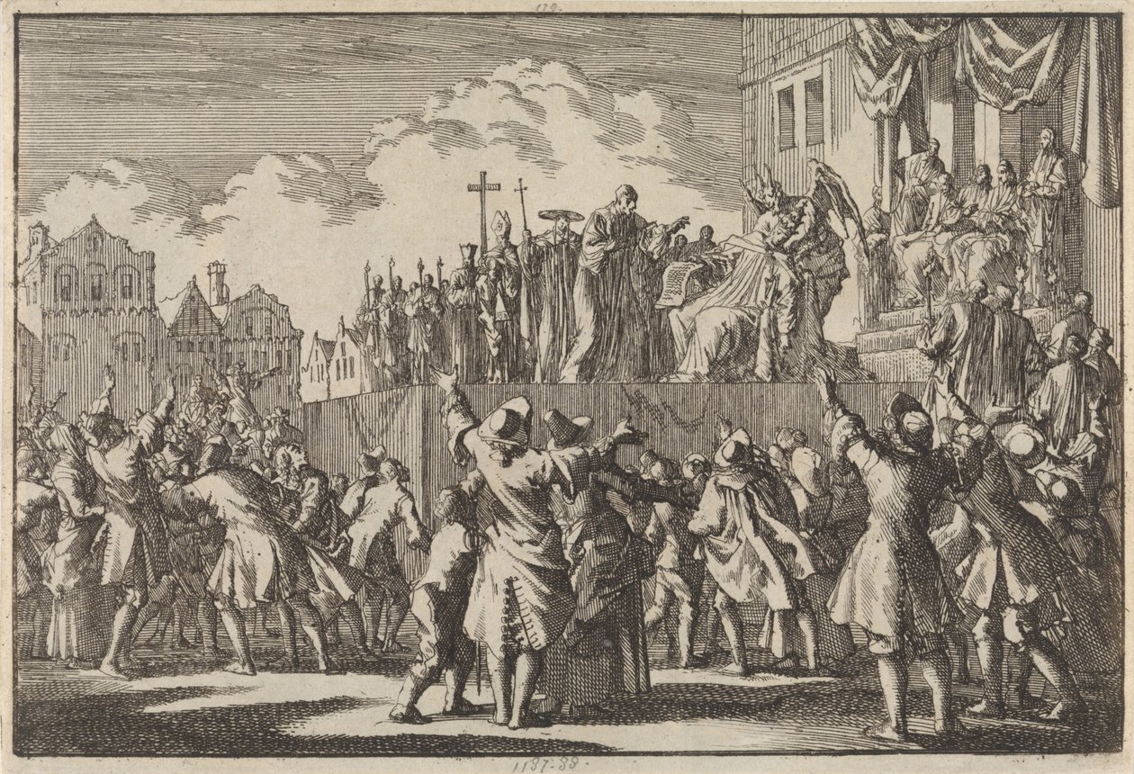 Gadescene i Aberdeen, der håner den katolske religion, 1689 af Jan Luyken