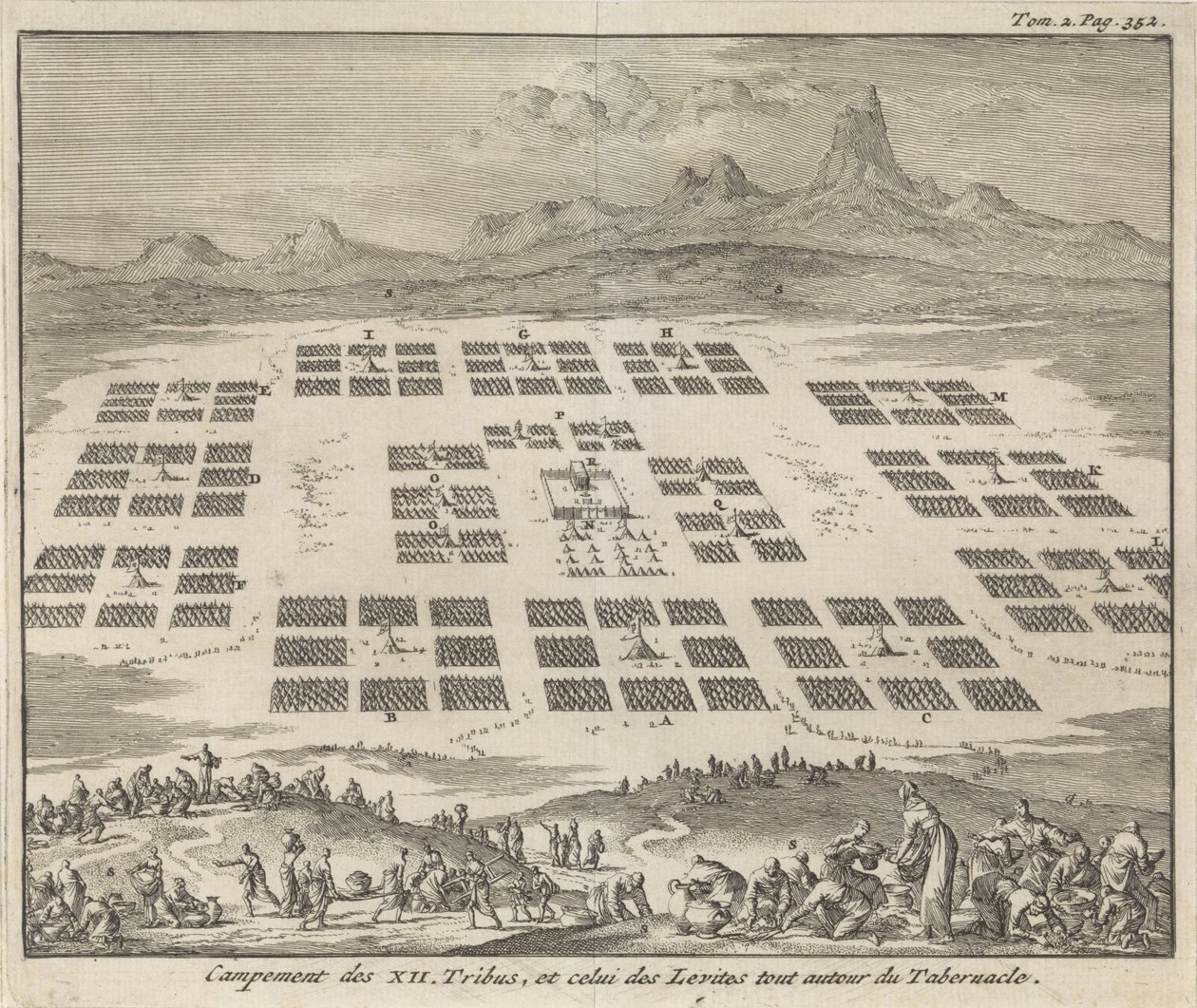 Lejre for de tolv Israels stammer omkring tabernaklet Campement des XII Tribus, et celui des Levites tout autour du Tabernacle (titel på objektet) af Jan Luyken
