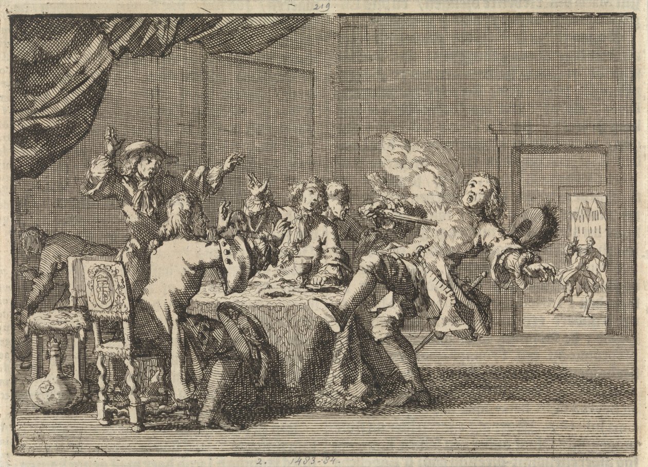 Thomas Tullock, tilhænger af King James II i Skotland, bliver dræbt af den uventede affyring af hans pistol, 1690 af Jan Luyken