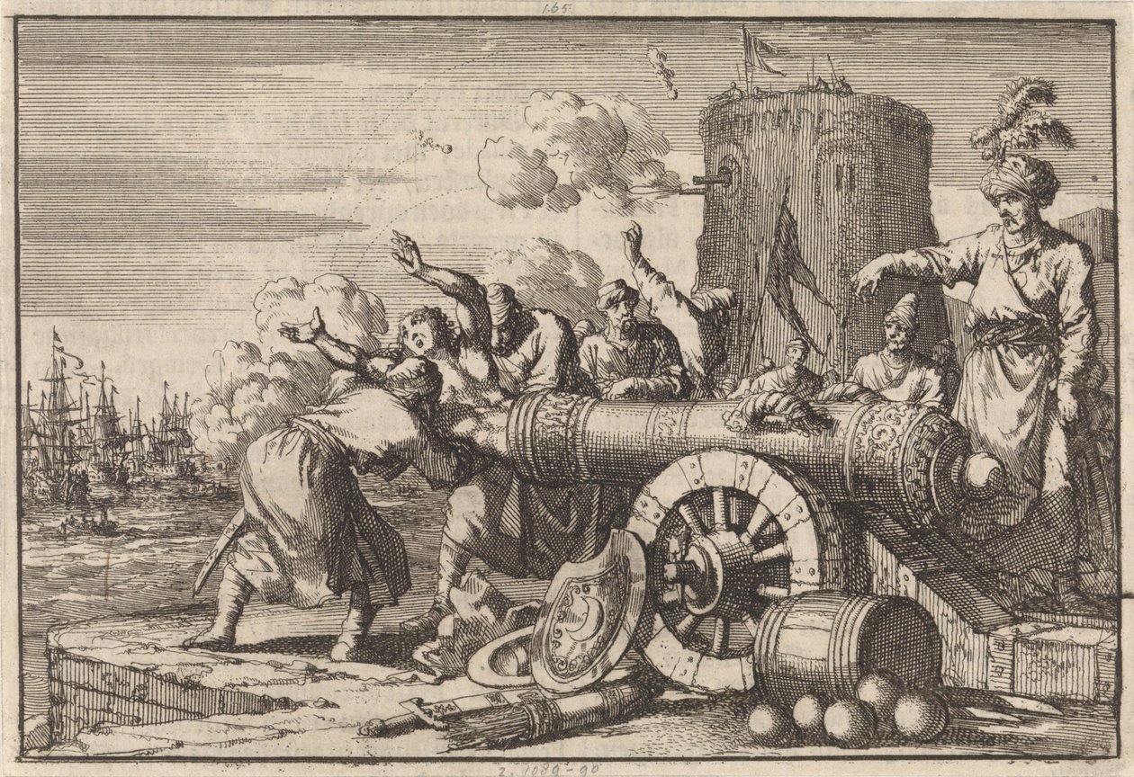 Under det franske bombardement af Algier bliver den franske konsul læsset ind i en kanon af algerierne og dræbt, 1683 af Jan Luyken