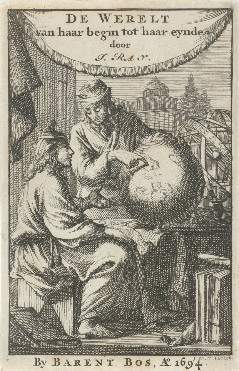 To mænd studerer en globus Titelside for: J. Ray, The World from Her Beginning to Her End, 1694 af Jan Luyken