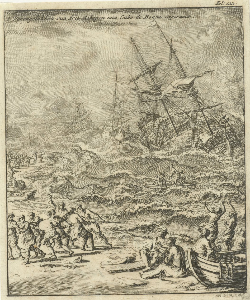 Forlis ved Kap det Gode Håb, 1693 Tre skibe styrter ved Cabo de Bonne Esperance (titel på objekt) af Jan Luyken