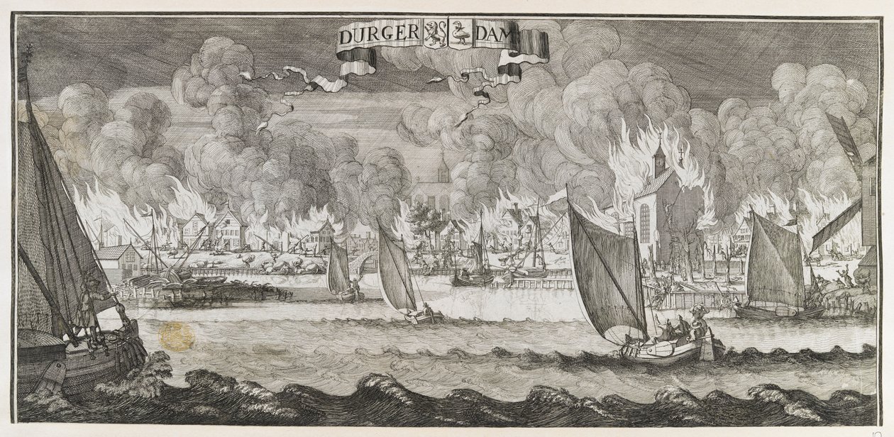 Udsigt over landsbyen Durgerdam, nær Amsterdam, under branden i 1687 (gravering) af Jan Luyken