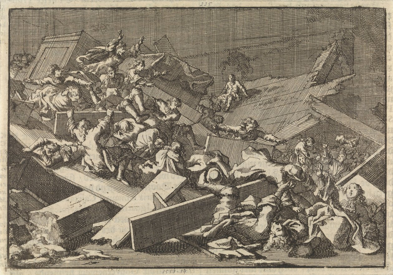 Etage i huskirken for den kejserlige befuldmægtigede grev von Bercka kollapser, 1697 af Jan Luyken