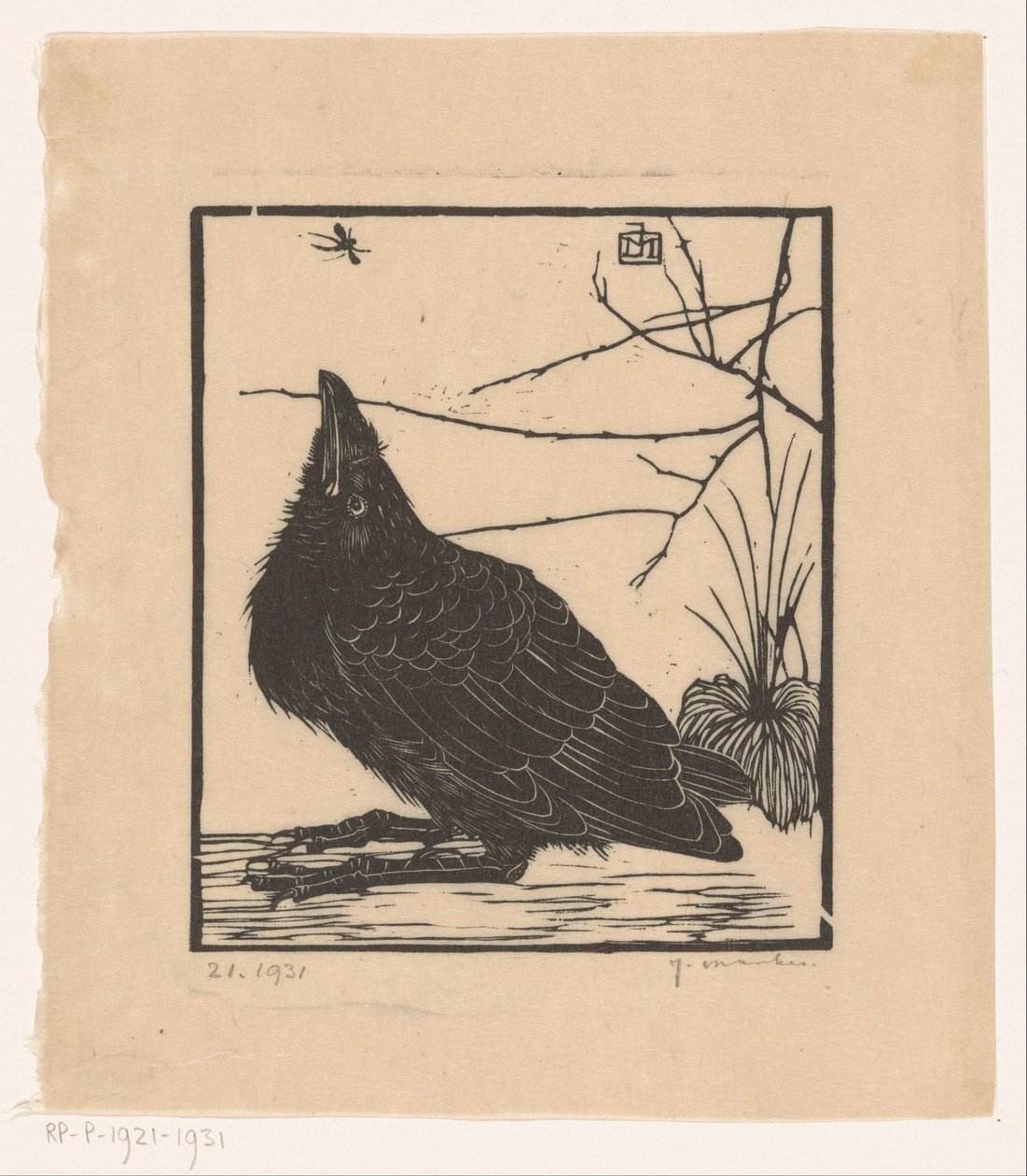 Krage ser op på myg af Jan Mankes (signed by artist)