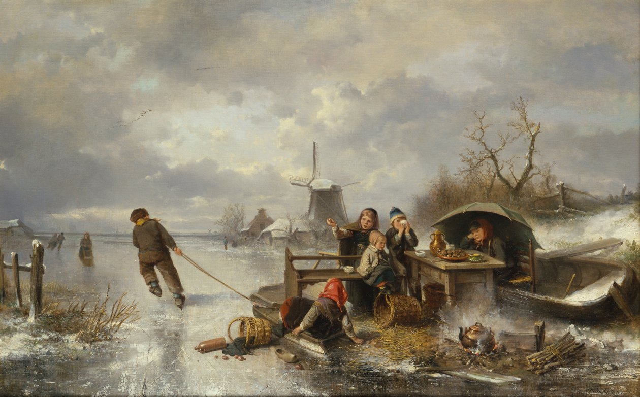 Børn leger på en frossen sø i et vinterlandskab (olie på lærred) af Jan Mari Henri Ten Kate