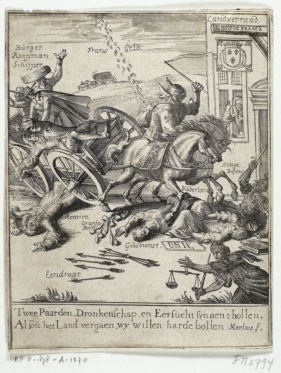 Tegneserie, der skildrer den påståede fransksindethed i Amsterdam, 1690 af Jan Marlois