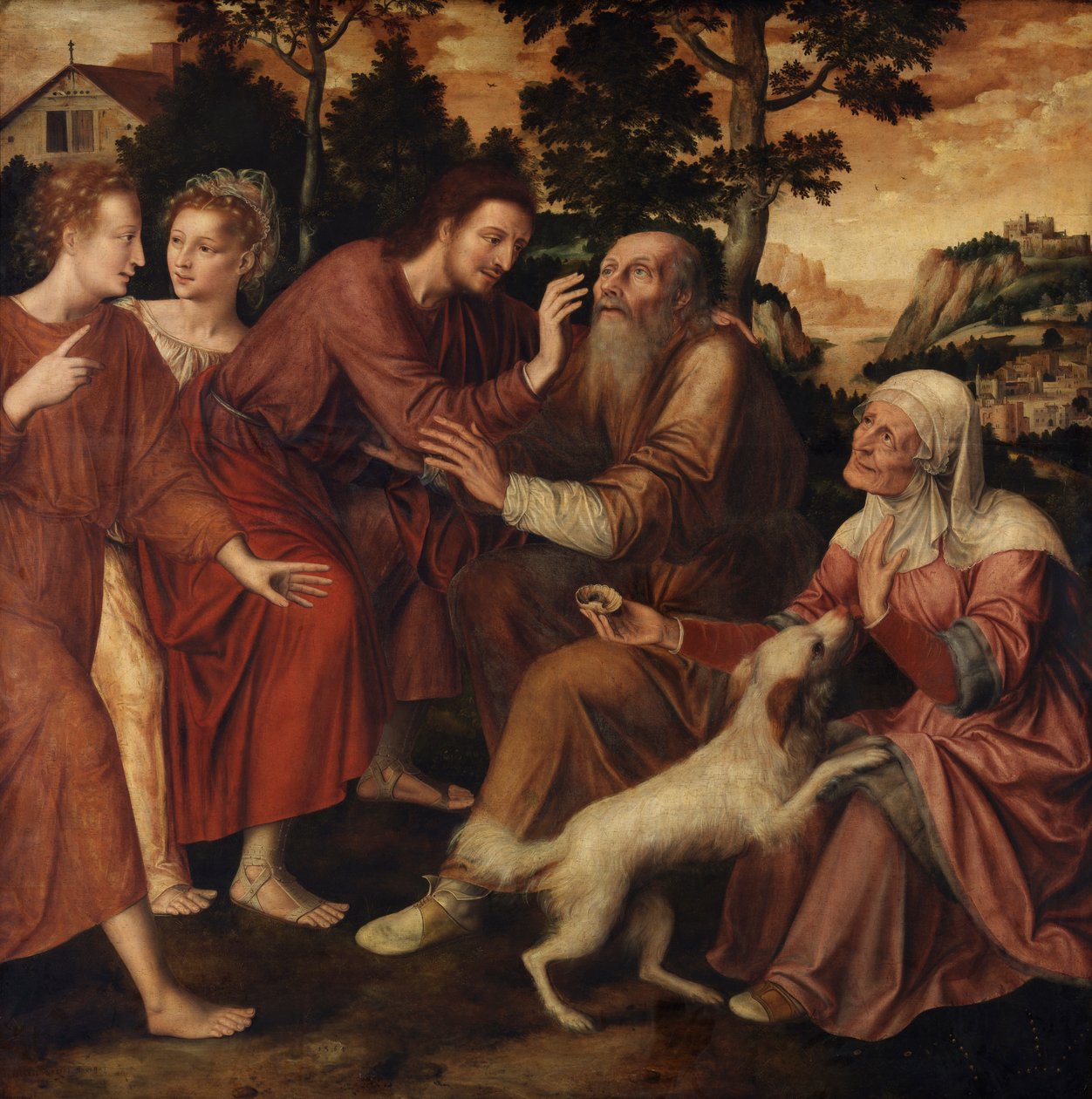 The Healing of Tobit (olie på panel) af Jan Massys or Metsys