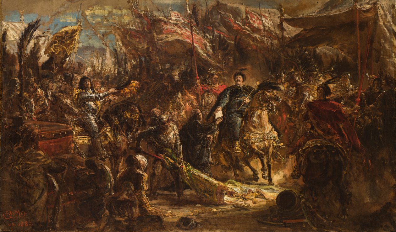 Jan 3. Sobieski overrækker kannik Denhoff et brev til paven med nyheden om sejren over tyrkerne ved Wien i 1683 af Jan Matejko