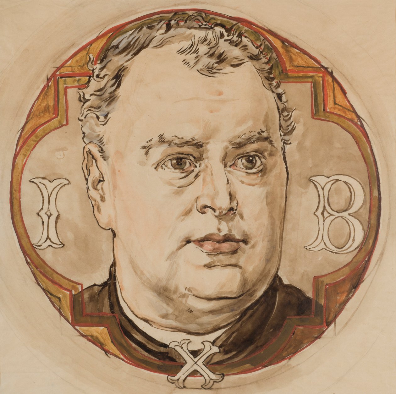 Kartonen til Mariakirkens polykromi - mandehoved og bogstaverne «I, B, X» (præsten Jan Bukowski) af Jan Matejko