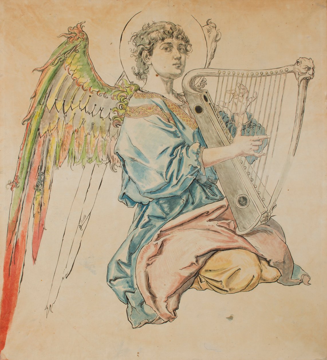 Karton til polykromien i Mariakirken - Figur af en engel, der spiller lut af Jan Matejko