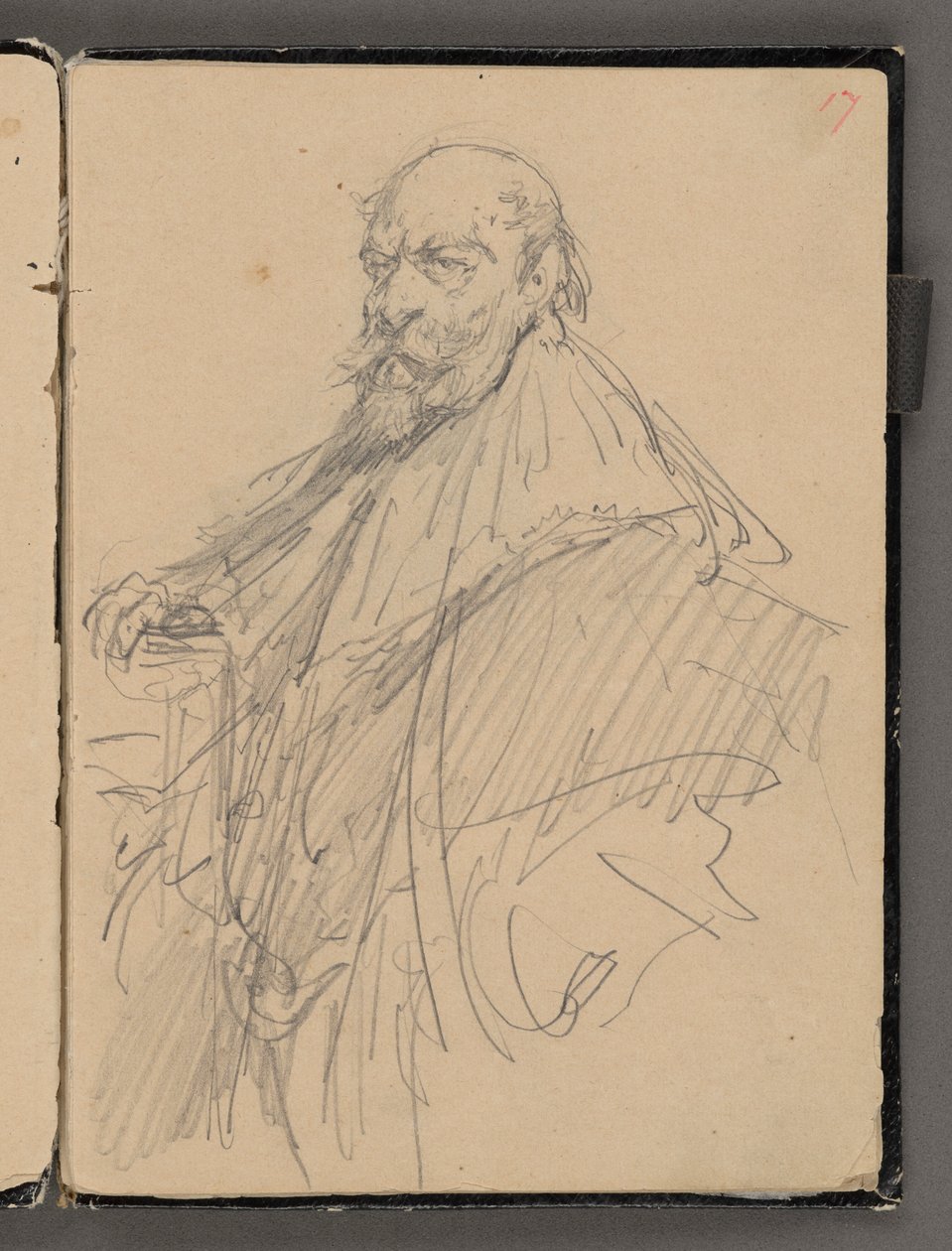 Jan Matejkos skitsebog fra årene 1861-1863. Ensidig tegning. Forside: skitse af en mandlig figur i historisk kostume. af Jan Matejko