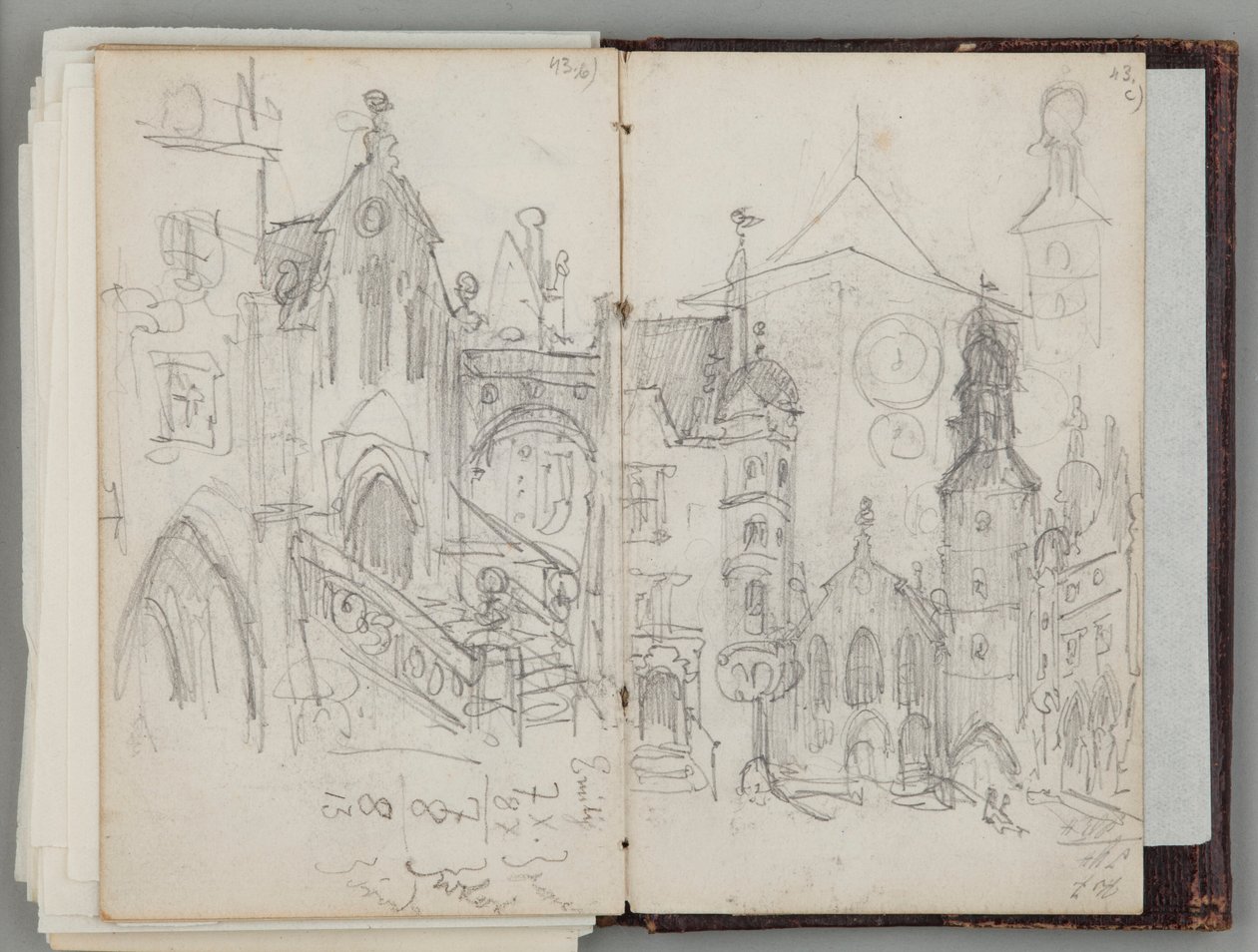 Jan Matejkos skitsebog fra München. Ensidig tegning. Forside: studie af den gamle Marienplatz i München og studie af tårne. af Jan Matejko