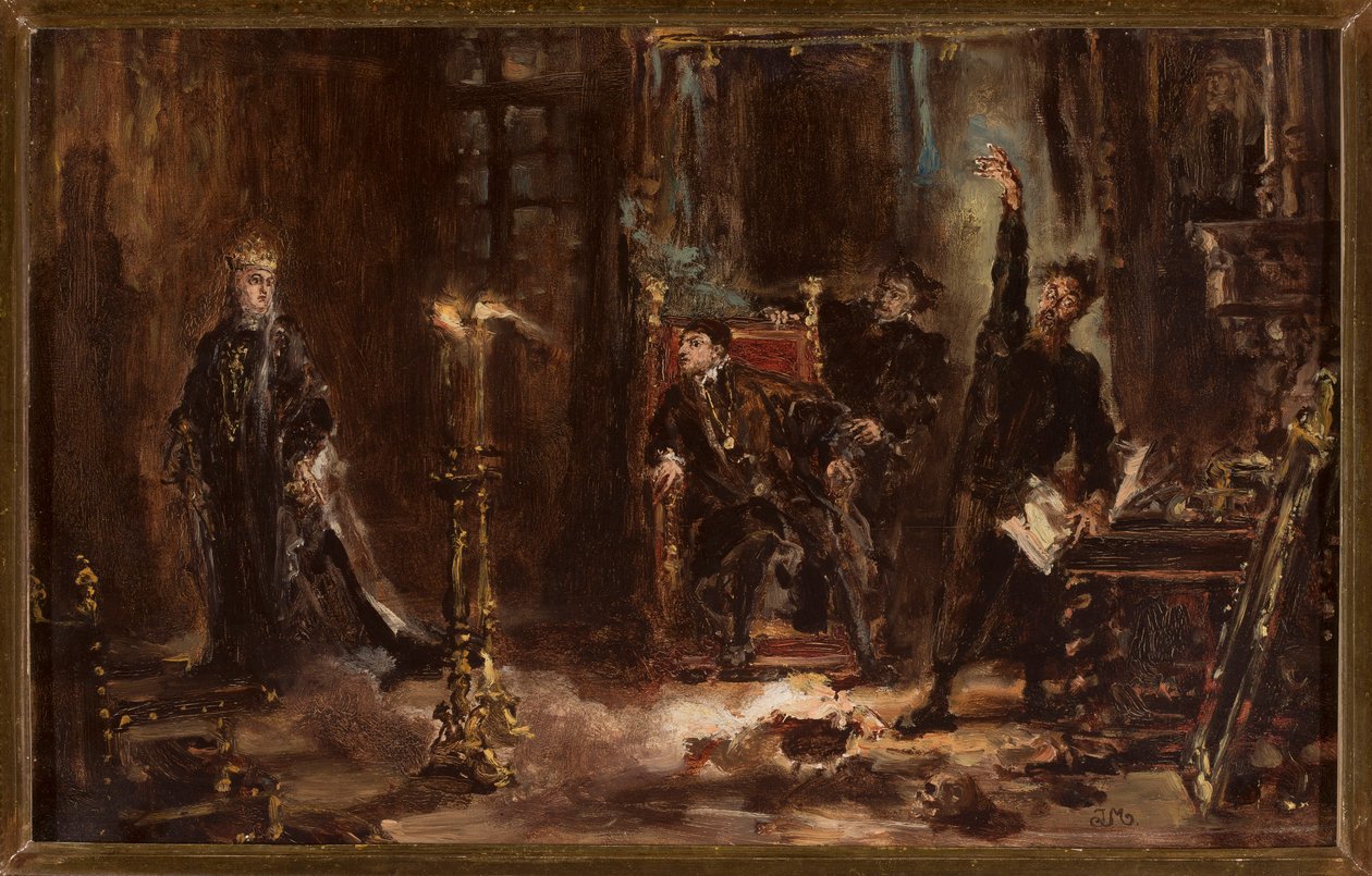 Twardowski fremkalder Barbaras ånd foran Sigismund August, skitse af Jan Matejko