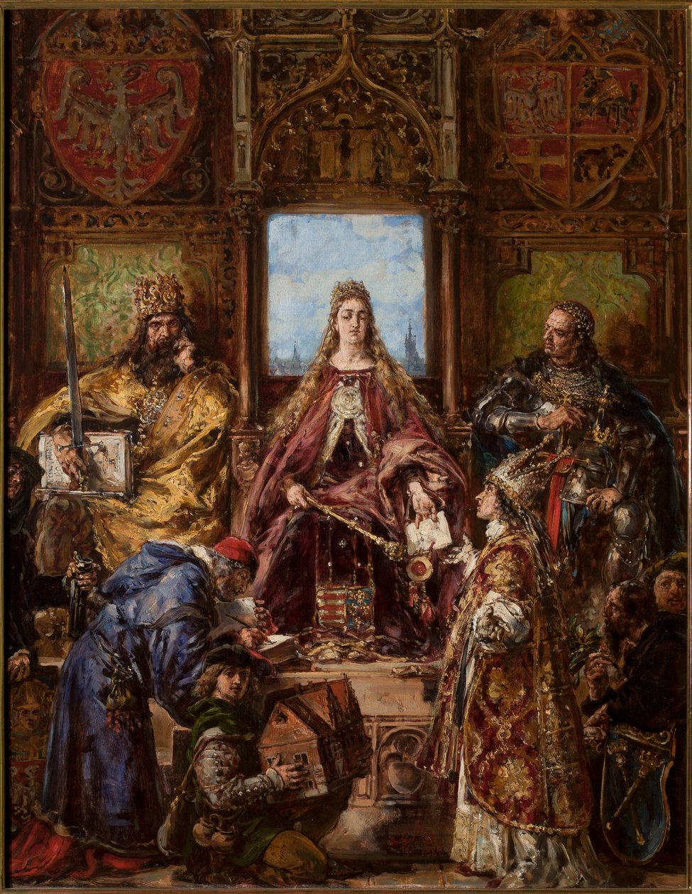 Grundlæggelsen af hovedskolen, befæstet ved dens overførsel til Kraków. R.P. 1361-1399-1400 af Jan Matejko